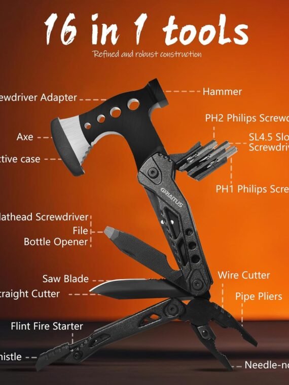 Camping Multitool Accessories Gifts for Men Dad 16 in 1 Upgraded Multi Tool Survival Gear with Axe Hammer Pliers Saw Screwdrivers Bottle Opener Whistle & Portable Sheath for Hiking,Fishing