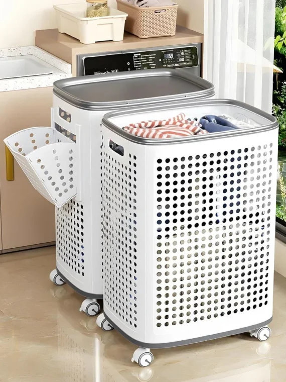 Laundry Basket with Wheels & Lid, Rolling Clothes Hamper with Lid for Laundry Room, College Dorm, Bathroom, Bedroom - Ventilated Plastic Storage Basket with Handle, White