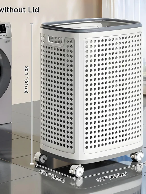 Laundry Basket with Wheels & Lid, Rolling Clothes Hamper with Lid for Laundry Room, College Dorm, Bathroom, Bedroom - Ventilated Plastic Storage Basket with Handle, White