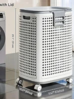 Laundry Basket with Wheels & Lid, Rolling Clothes Hamper with Lid for Laundry Room, College Dorm, Bathroom, Bedroom - Ventilated Plastic Storage Basket with Handle, White
