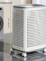 Laundry Basket with Wheels & Lid, Rolling Clothes Hamper with Lid for Laundry Room, College Dorm, Bathroom, Bedroom - Ventilated Plastic Storage Basket with Handle, White
