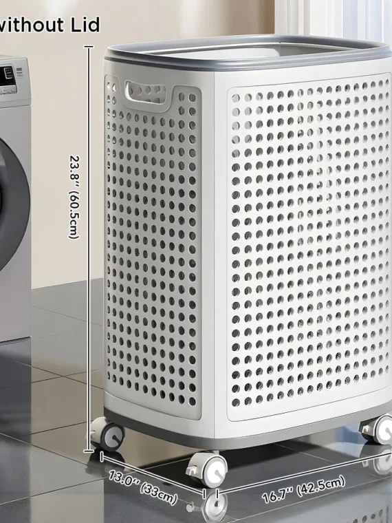 Laundry Basket with Wheels & Lid, Rolling Clothes Hamper with Lid for Laundry Room, College Dorm, Bathroom, Bedroom - Ventilated Plastic Storage Basket with Handle, White