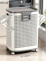 Laundry Basket with Wheels & Lid, Rolling Clothes Hamper with Lid for Laundry Room, College Dorm, Bathroom, Bedroom - Ventilated Plastic Storage Basket with Handle, White