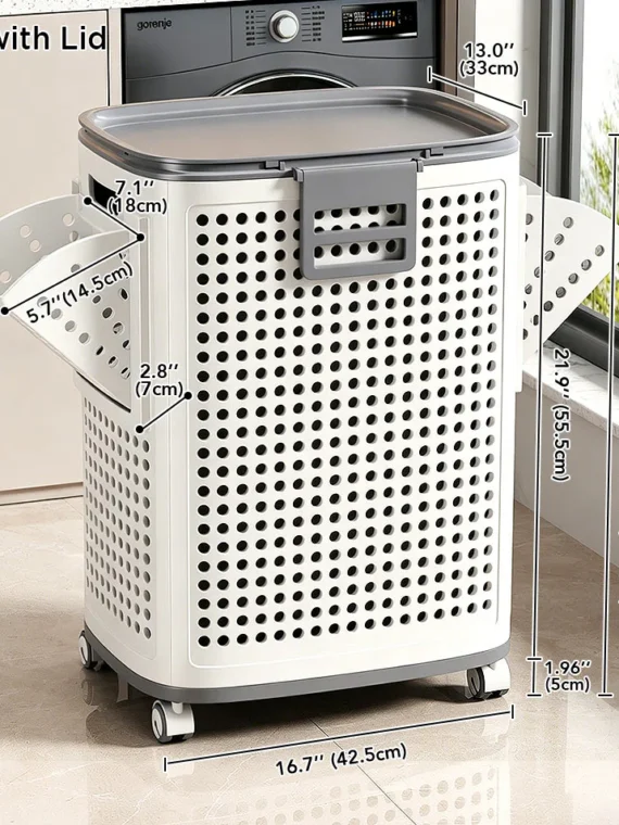 Laundry Basket with Wheels & Lid, Rolling Clothes Hamper with Lid for Laundry Room, College Dorm, Bathroom, Bedroom - Ventilated Plastic Storage Basket with Handle, White