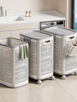 Laundry Basket with Wheels & Lid, Rolling Clothes Hamper with Lid for Laundry Room, College Dorm, Bathroom, Bedroom - Ventilated Plastic Storage Basket with Handle, White