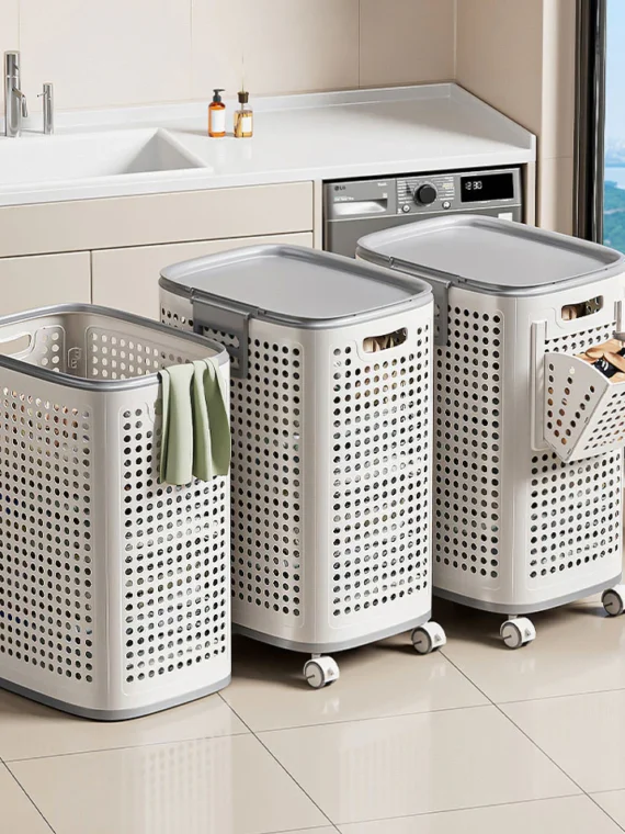 Laundry Basket with Wheels & Lid, Rolling Clothes Hamper with Lid for Laundry Room, College Dorm, Bathroom, Bedroom - Ventilated Plastic Storage Basket with Handle, White