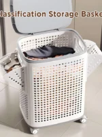 Laundry Basket with Wheels & Lid, Rolling Clothes Hamper with Lid for Laundry Room, College Dorm, Bathroom, Bedroom - Ventilated Plastic Storage Basket with Handle, White