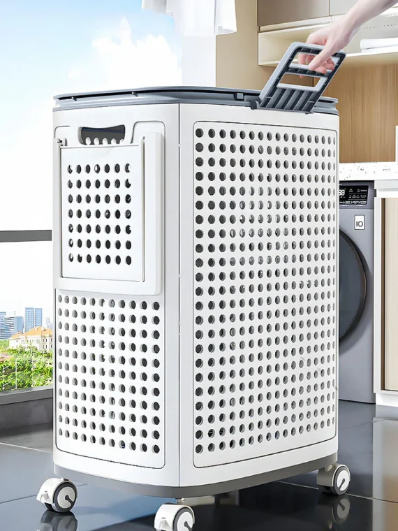 Laundry Basket with Wheels & Lid, Rolling Clothes Hamper with Lid for Laundry Room, College Dorm, Bathroom, Bedroom - Ventilated Plastic Storage Basket with Handle, White
