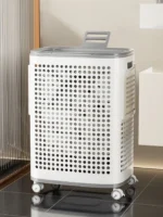 Laundry Basket with Wheels & Lid, Rolling Clothes Hamper with Lid for Laundry Room, College Dorm, Bathroom, Bedroom - Ventilated Plastic Storage Basket with Handle, White